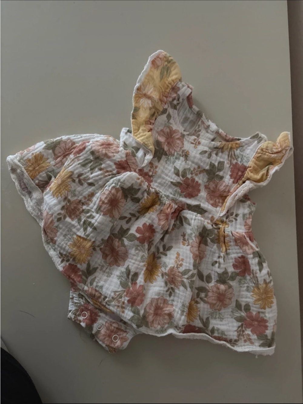 chick pea Floral Muslin Romper Dress in Cream, Pink & Yellow
